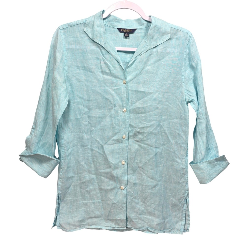 Brooks Brothers All Irish Linen Shirt Womens 4 Blue Camp Collar Button Up Tunic